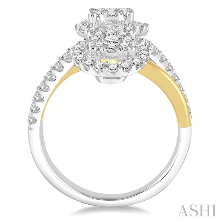 1 1/6 Ctw Two Tone Spiral Split Shank Round Cut Diamond Lovebright 2Stone Ring in 14K White and Yellow Gold