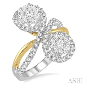 1 1/6 Ctw Two Tone Spiral Split Shank Round Cut Diamond Lovebright 2Stone Ring in 14K White and Yellow Gold