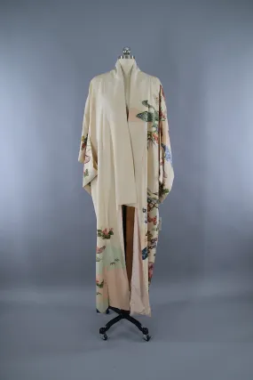 1940s Vintage Silk Kimono Robe / Ivory Green Peach Floral Print