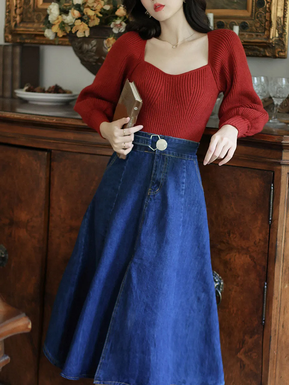 1950S Vintage Red Puffed Sleeve Sweater And Denim Swing Skirt Set