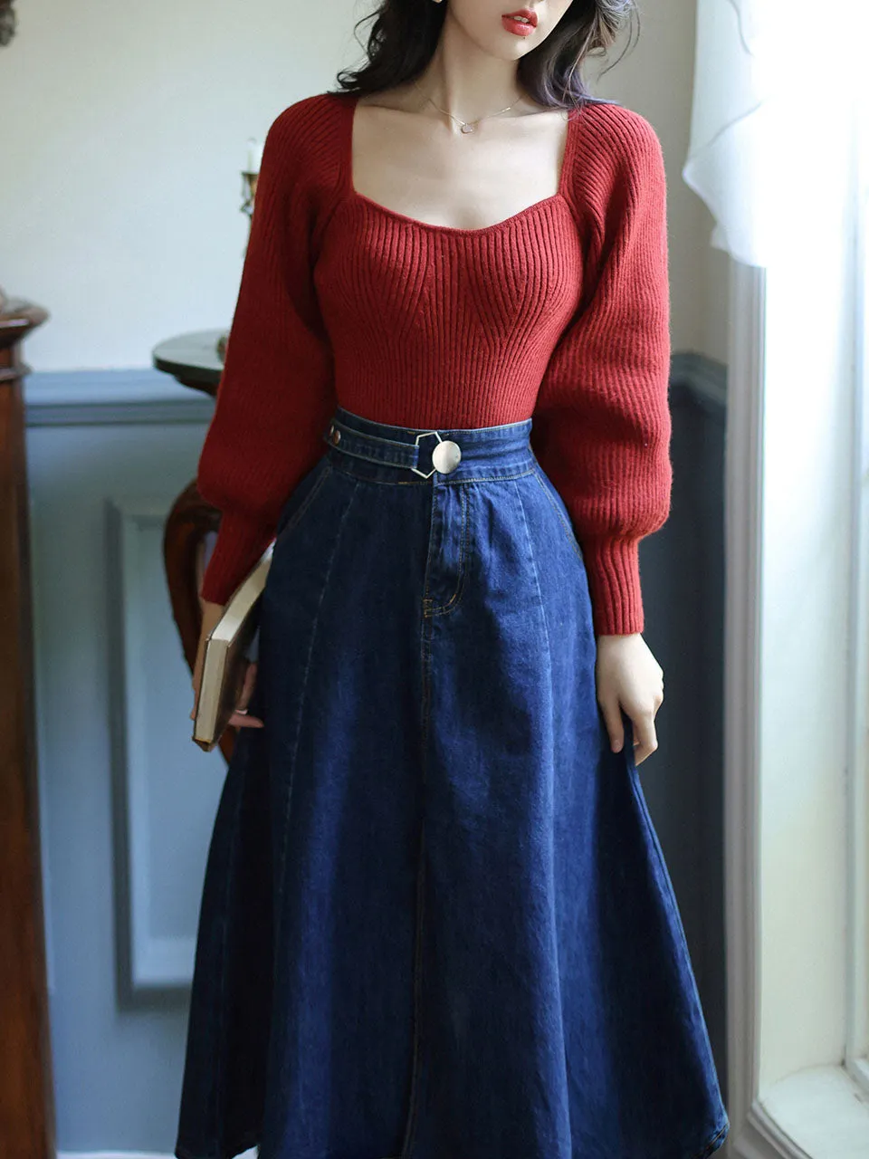 1950S Vintage Red Puffed Sleeve Sweater And Denim Swing Skirt Set