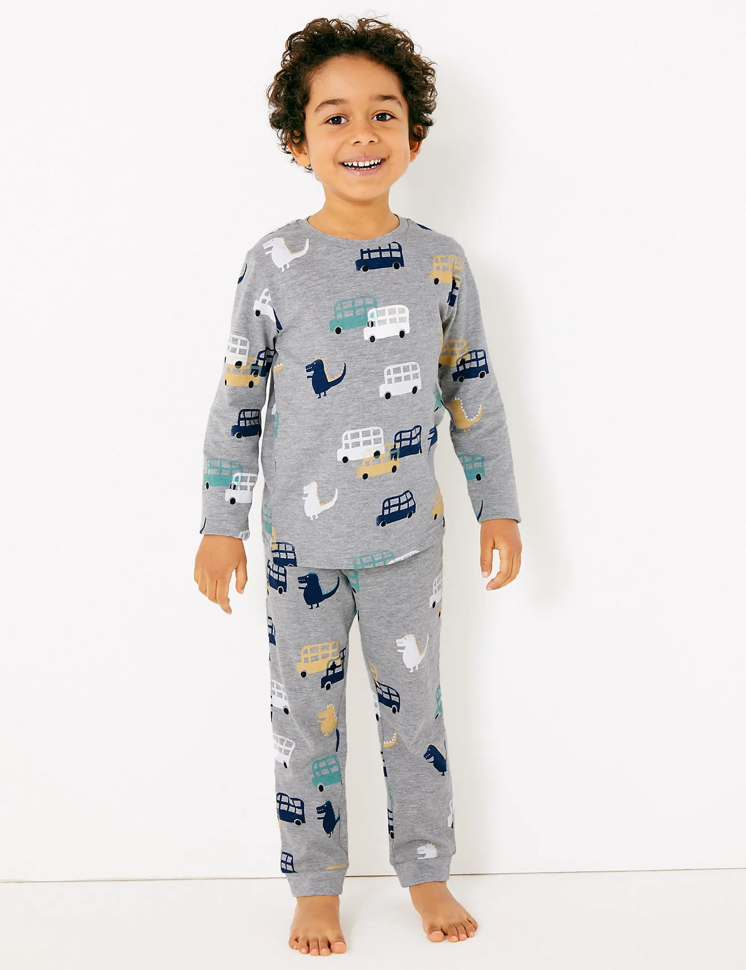 2 Pack Dinosaur & Bus Print Pyjama Sets