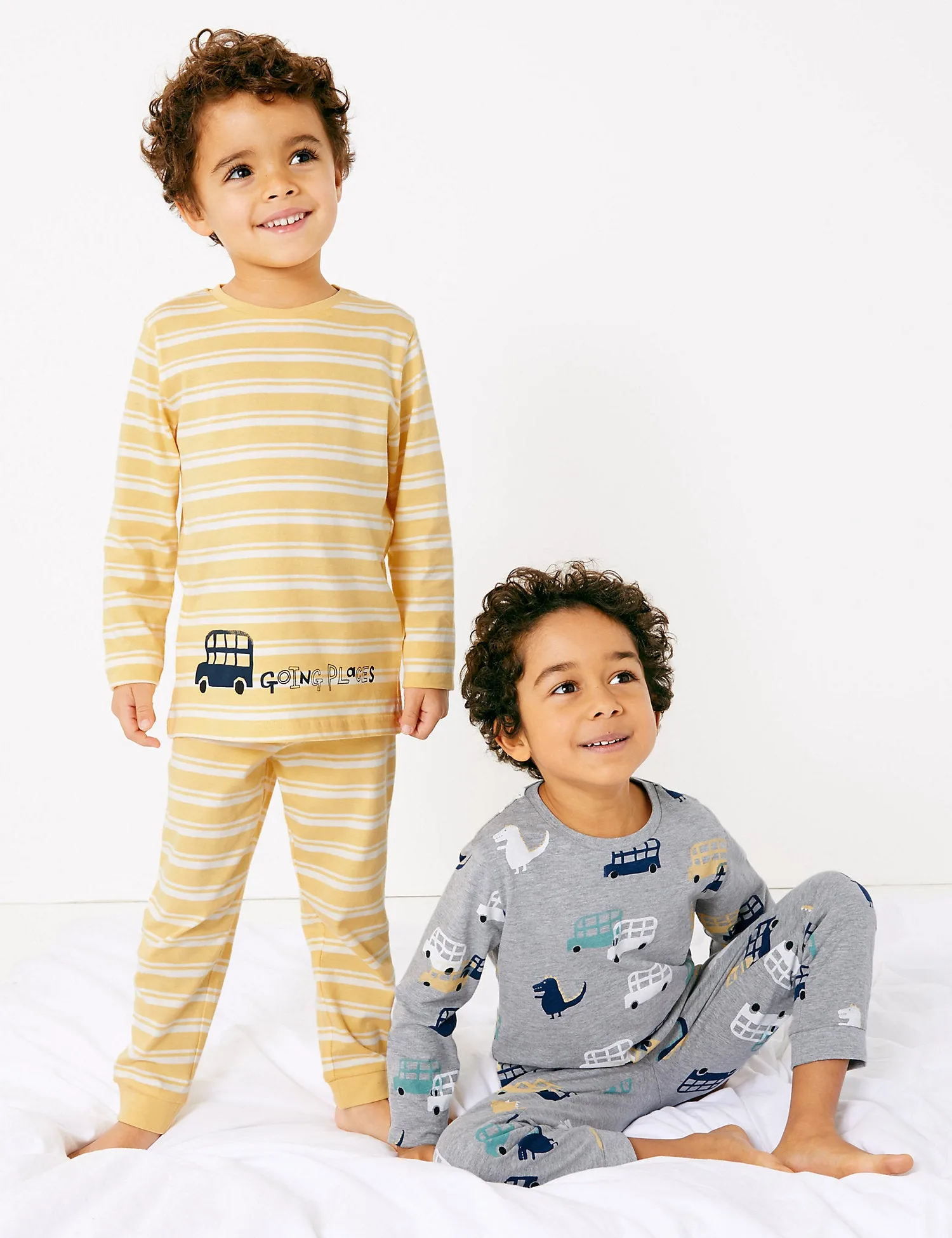 2 Pack Dinosaur & Bus Print Pyjama Sets