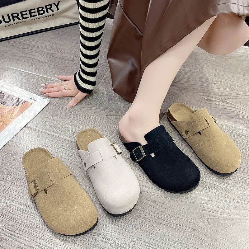 2024 New Buckle Half Slippers Women Thick Sole Cork Borken Sandals Flat Lazy Packable Shoes