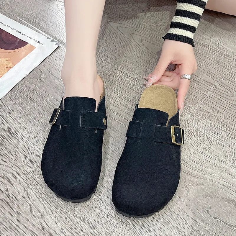 2024 New Buckle Half Slippers Women Thick Sole Cork Borken Sandals Flat Lazy Packable Shoes