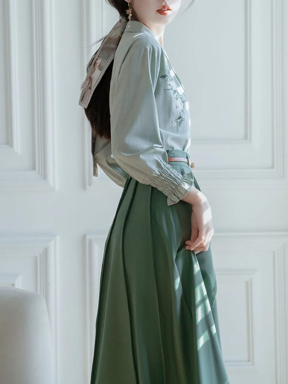 2PS Green V Neck Long Sleeve Shirt And  Swing Skirt 1950S Dresss Set