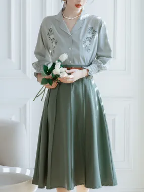 2PS Green V Neck Long Sleeve Shirt And  Swing Skirt 1950S Dresss Set