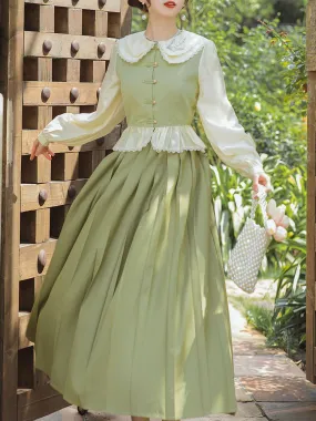 2PS Light Green Peter Pan Collar Ruffles Blouse And Green Swing Skirt 1950S Dresss Set