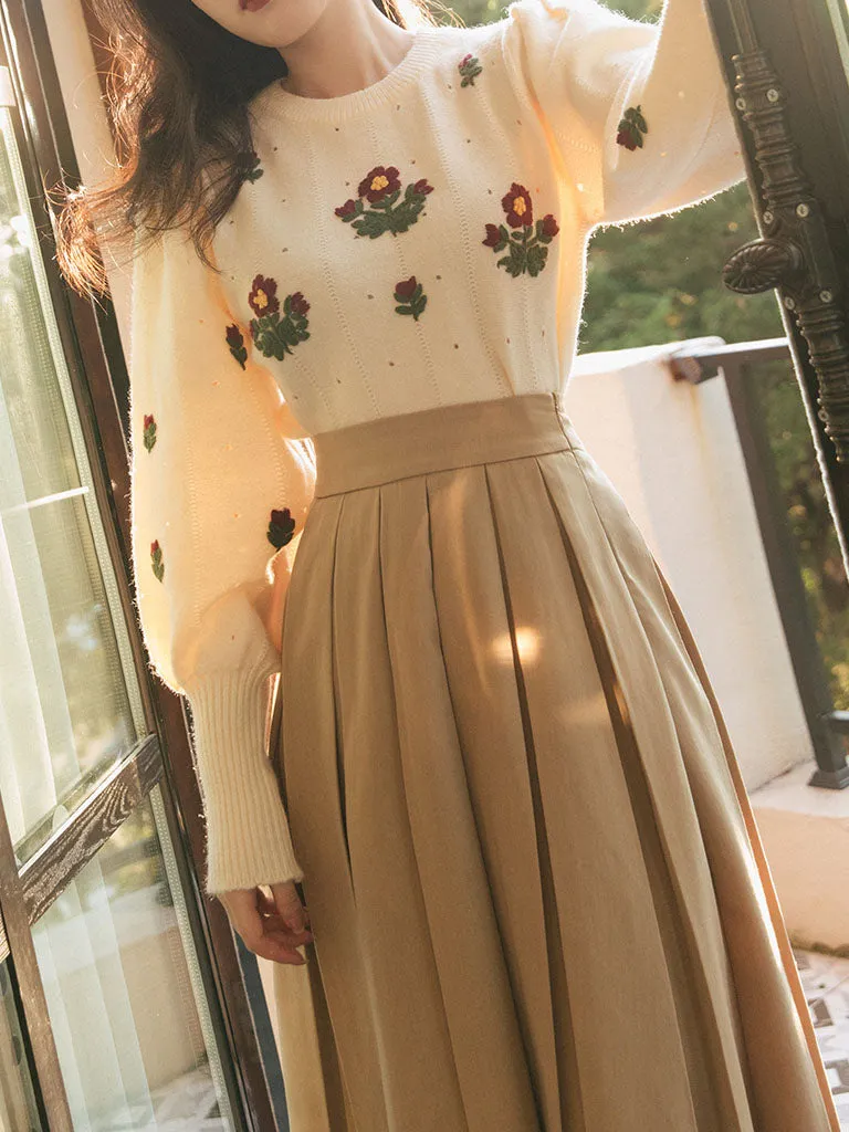 2PS White Embroidered Flower Sweater And Pleats Swing Skirt