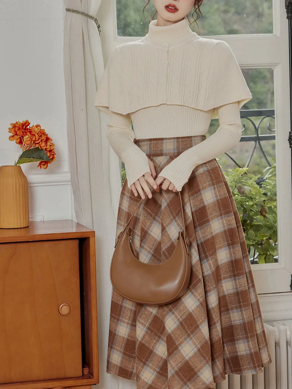 3PS Apricot Sweater Cape And Pleated Plaid Swing Skirt 1950S Vintage Outfits