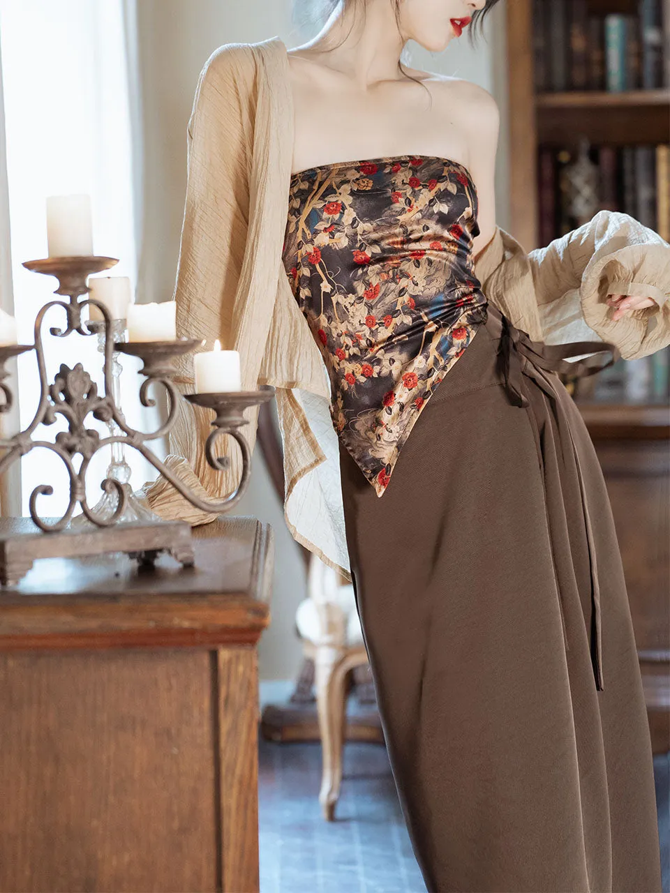 3PS Brown Floral Tube Top and Slit Skirt 1950s Cardigan Suit