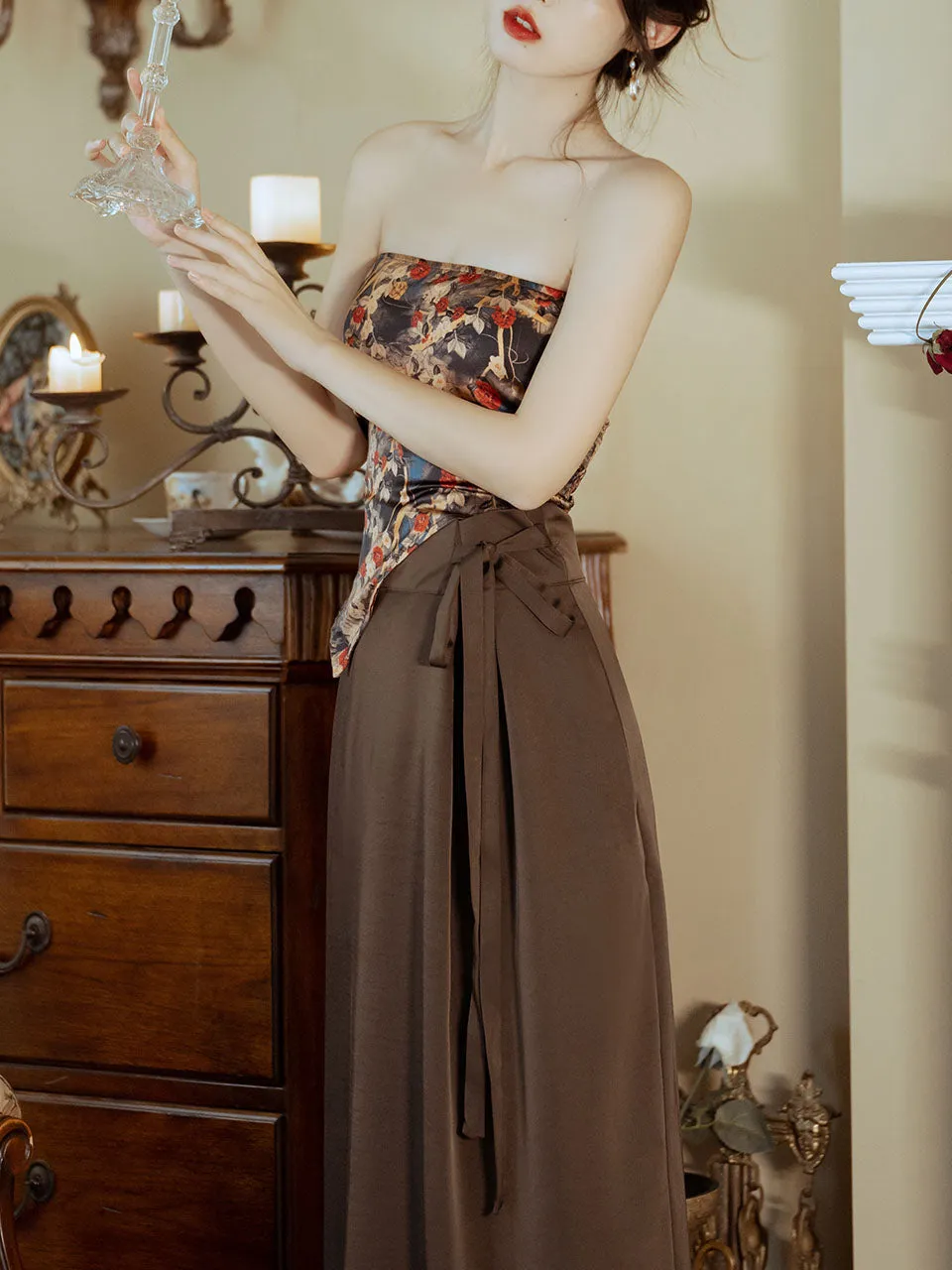 3PS Brown Floral Tube Top and Slit Skirt 1950s Cardigan Suit