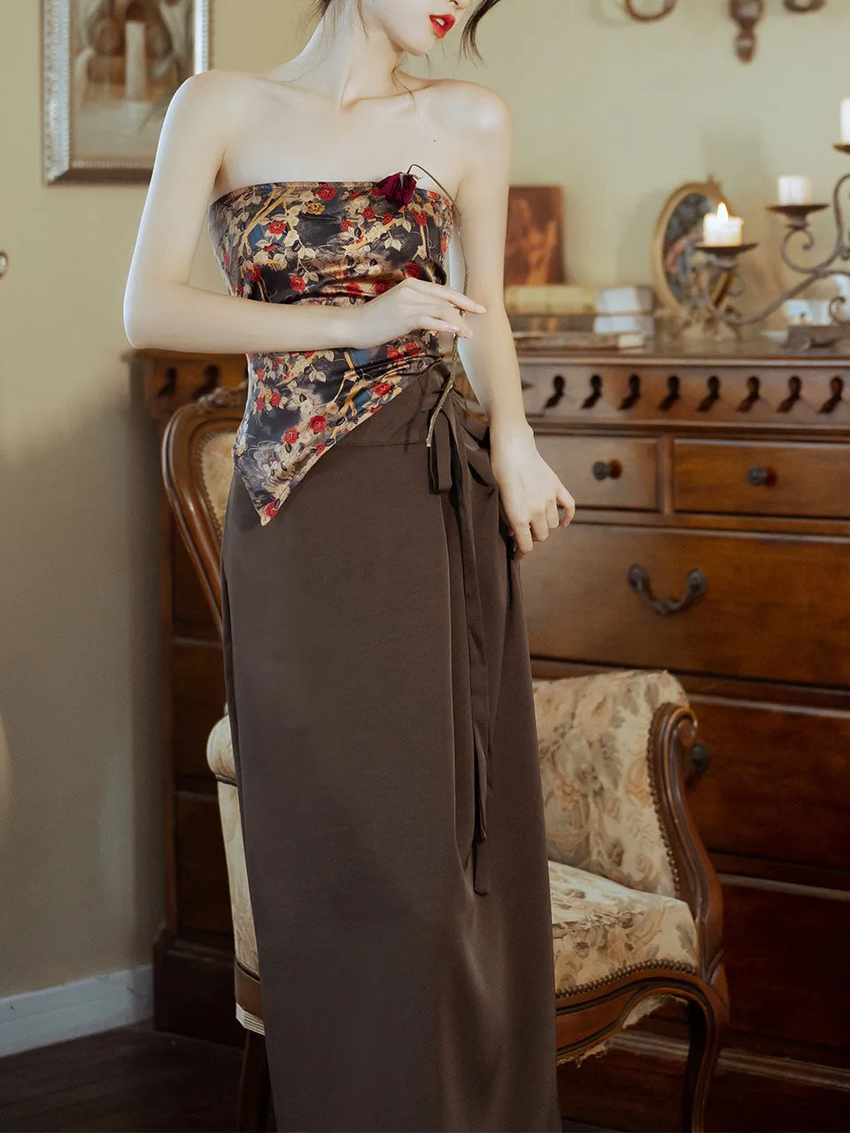 3PS Brown Floral Tube Top and Slit Skirt 1950s Cardigan Suit