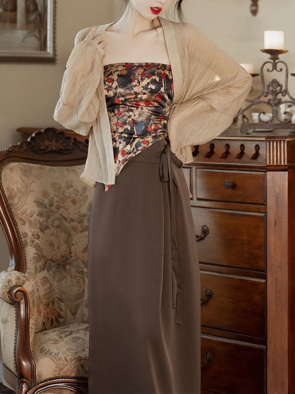 3PS Brown Floral Tube Top and Slit Skirt 1950s Cardigan Suit