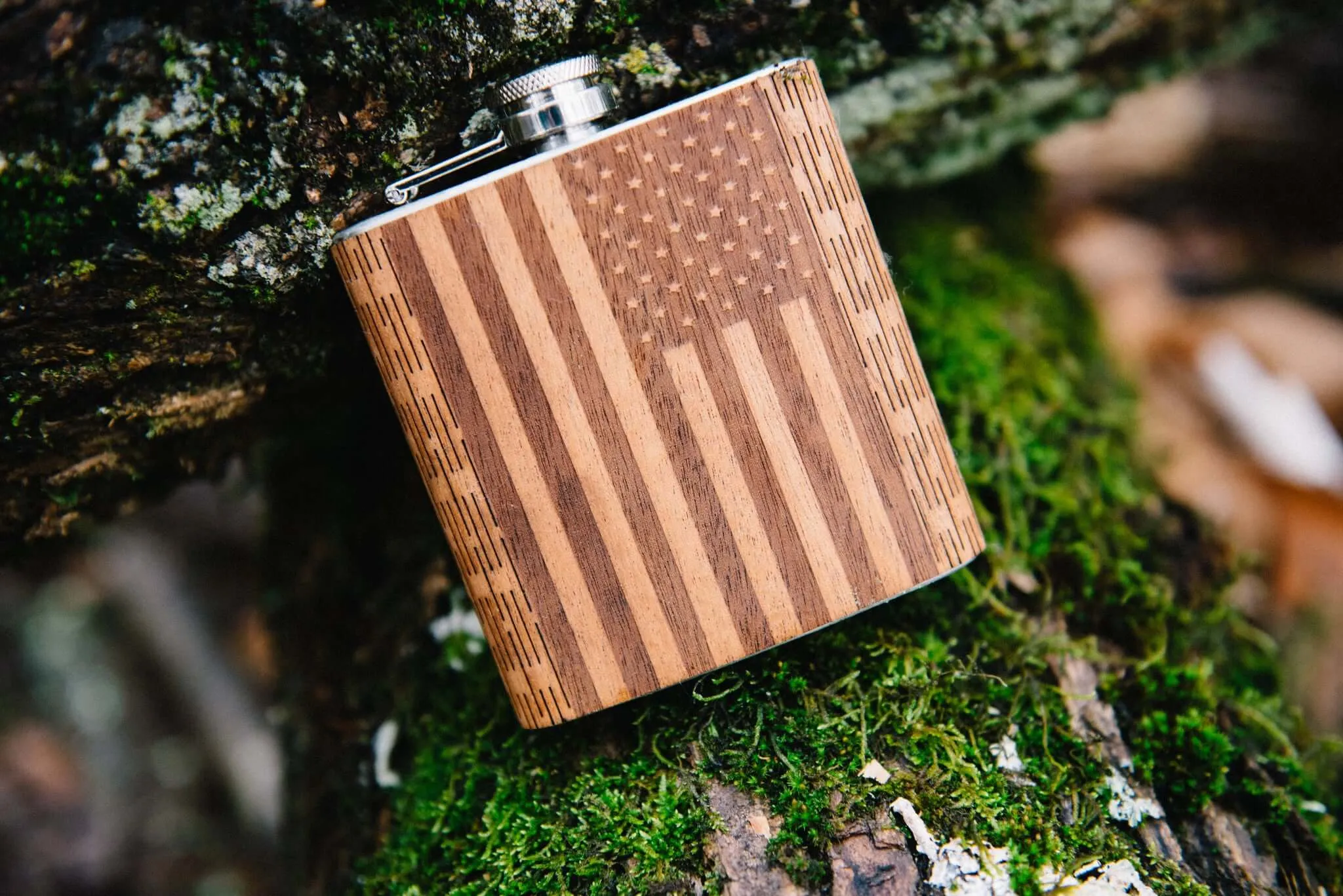 6 oz Wooden American Flag Hip Flask