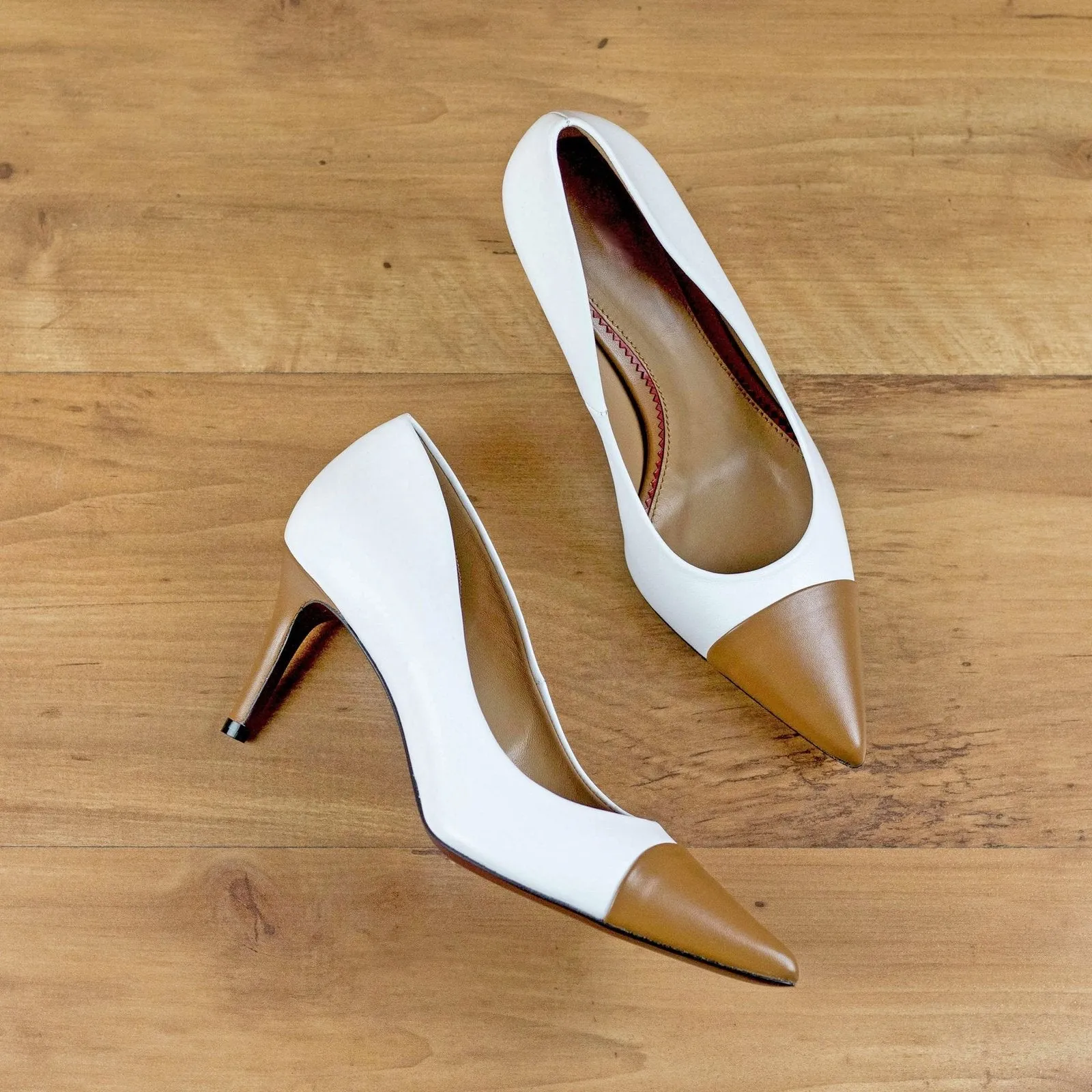 Ambrogio Bespoke Custom Women's Shoes White & Brown Nappa Kaiser Leather Milan Pumps (AMBW1106)