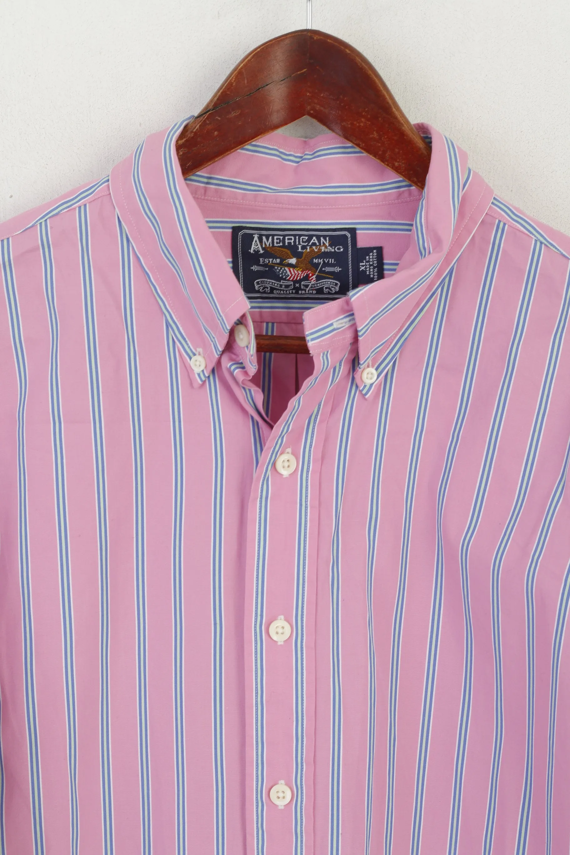 American Living Men XL Casual Shirt Pink Cotton Striped Button Down Collar Long Sleeve Top