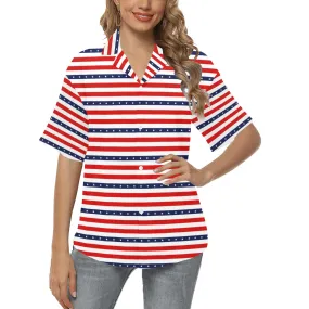 americana stars and stripes striped print 2 All Over Print Hawaiian Shirt for Women (Model T58)