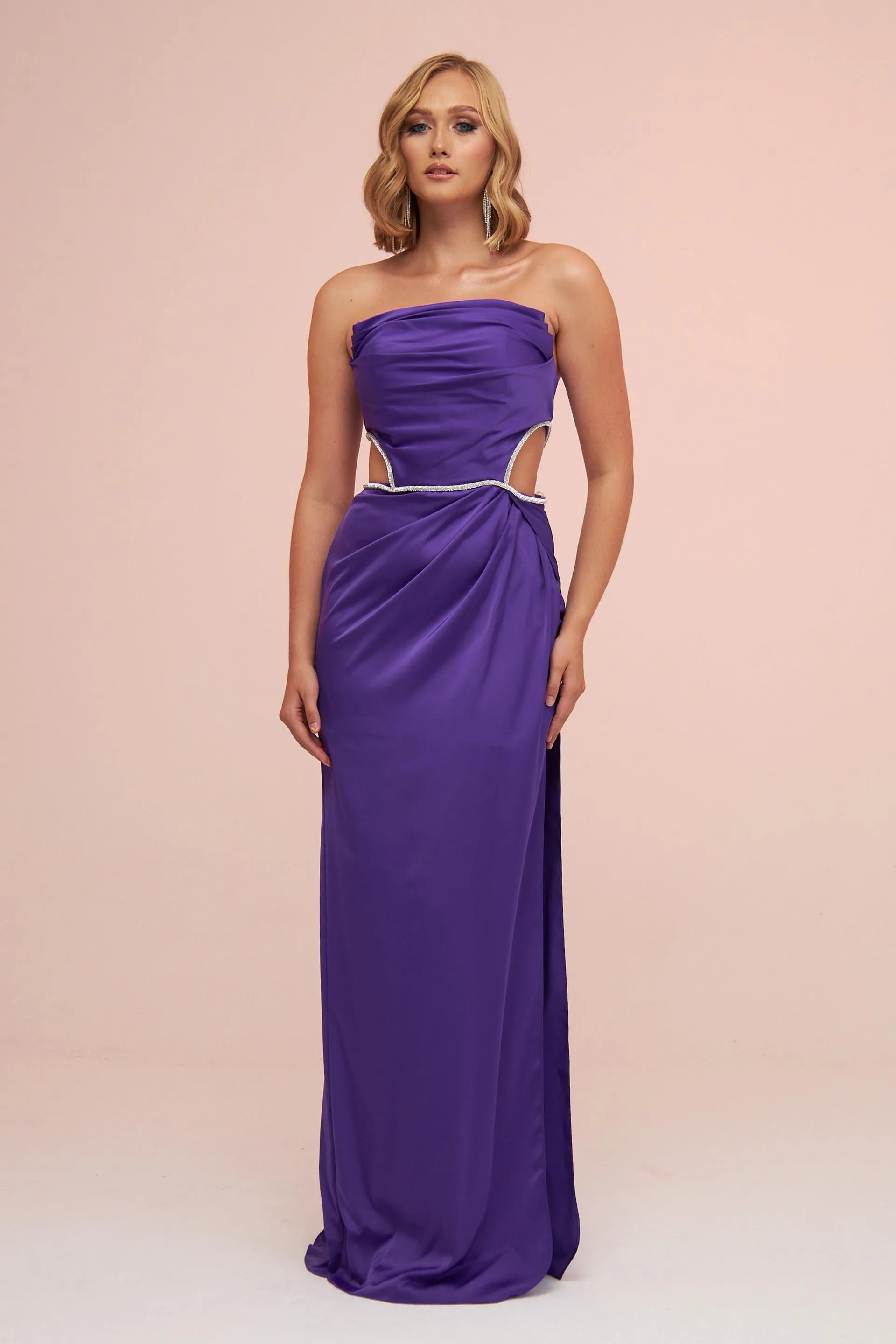 Angelino Purple Satin Strapless Long Evening Dress with Side Slit