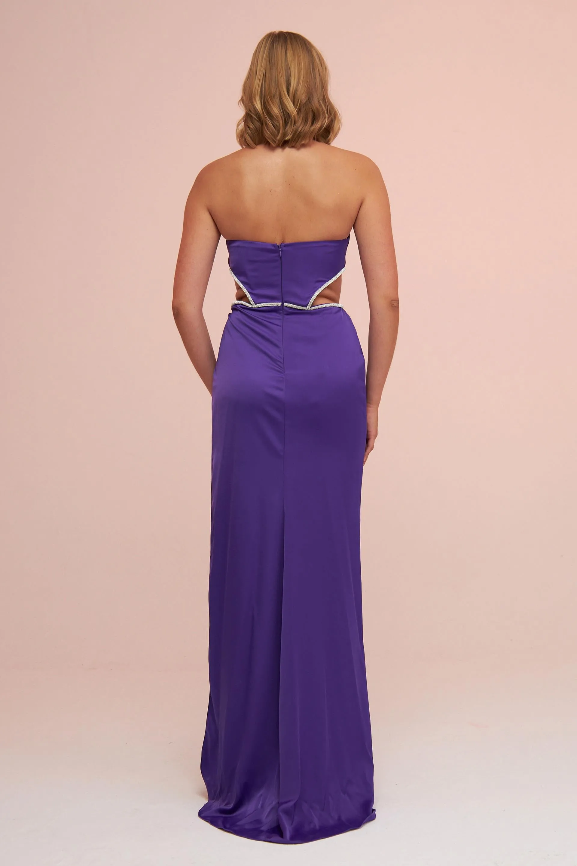 Angelino Purple Satin Strapless Long Evening Dress with Side Slit