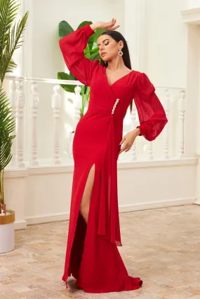 Angelino red chiffon buckle detailed long evening dress dress