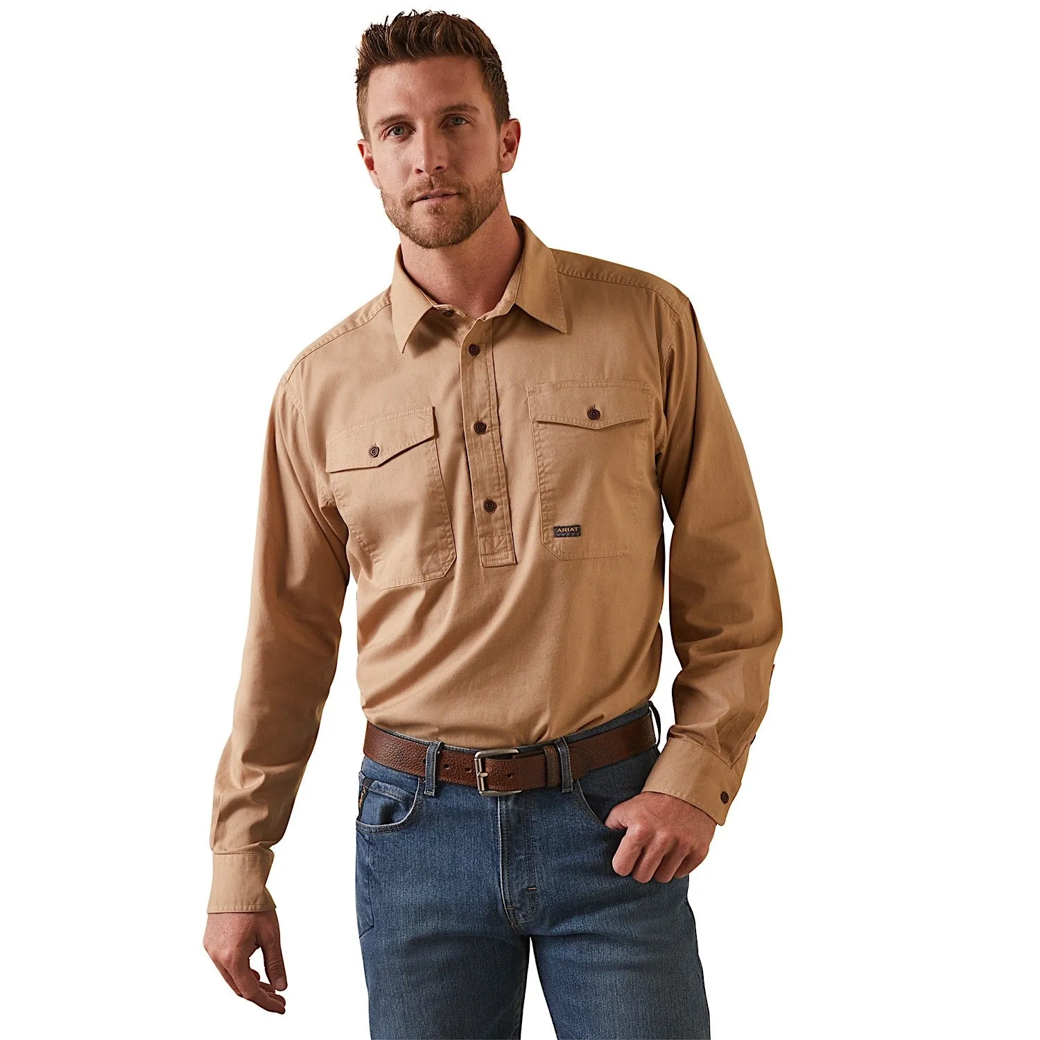 Ariat Mens Rebar Half Button L/S Workshirt Khaki