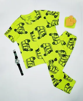 Auto Rickshaw Pattern Kids Half Sleeves Nightwear Pajama Set