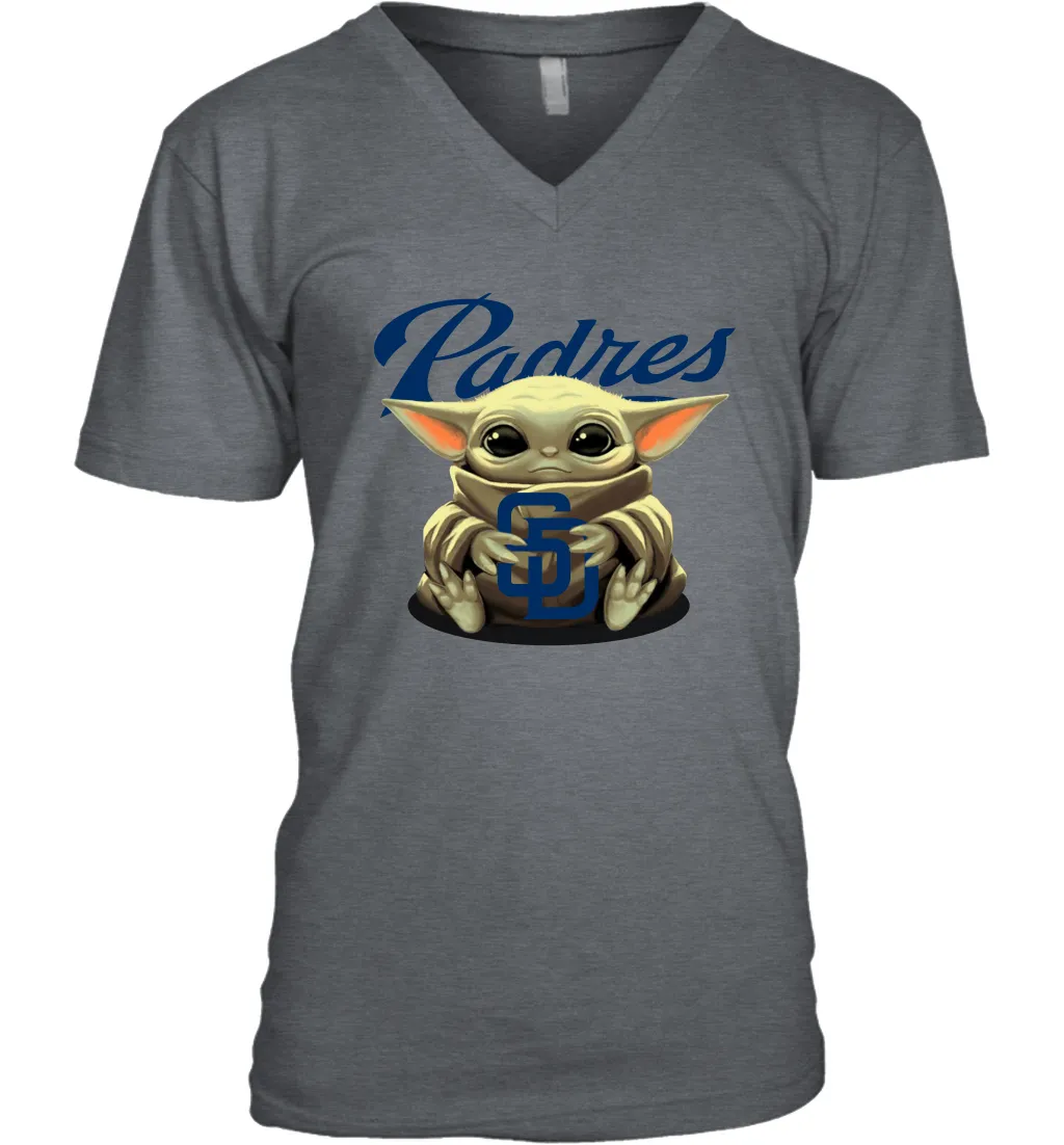 Baby Yoda Hugs Loves The San Diego Padres Baseball Mens V-Neck T-Shirt