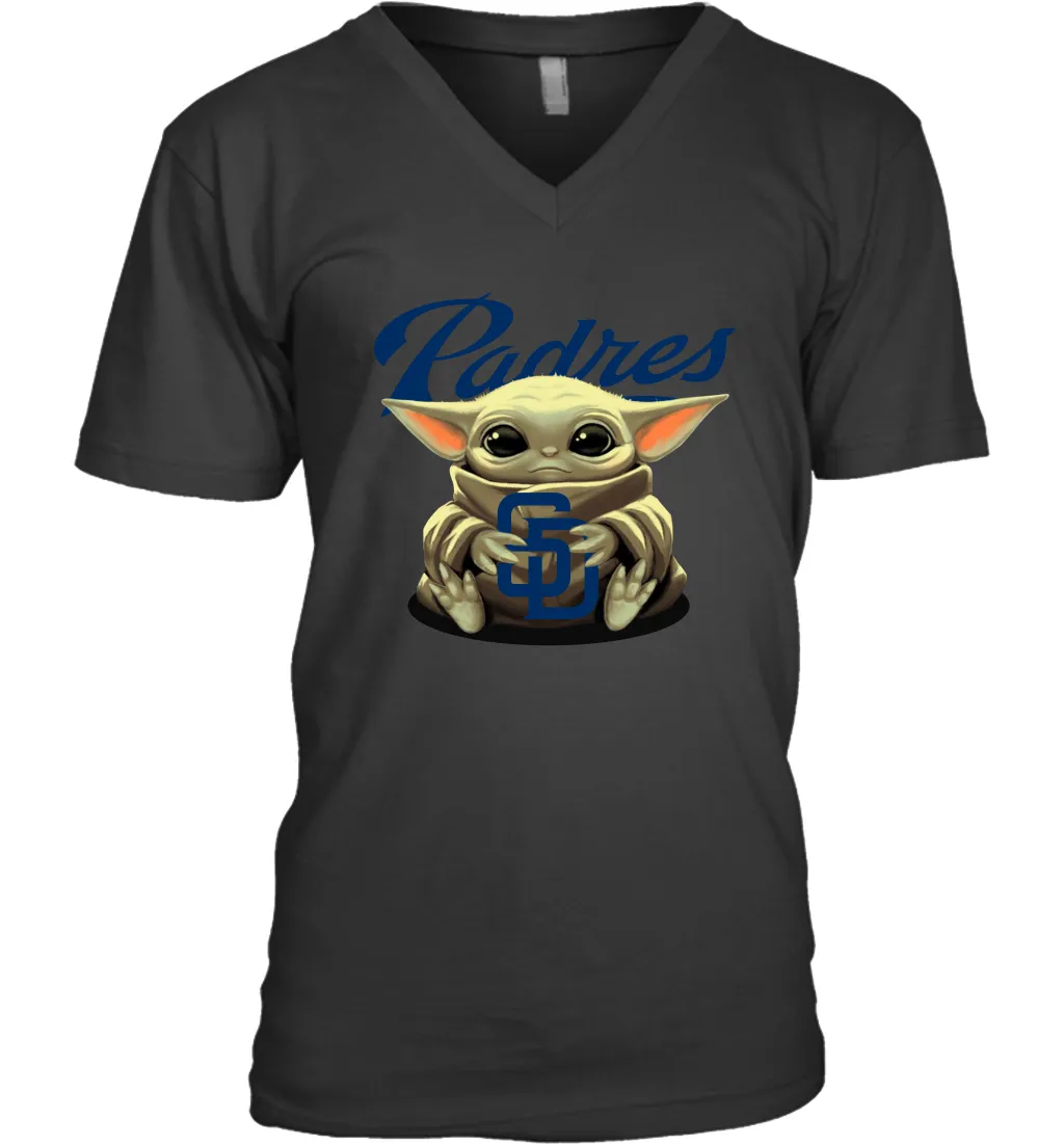 Baby Yoda Hugs Loves The San Diego Padres Baseball Mens V-Neck T-Shirt