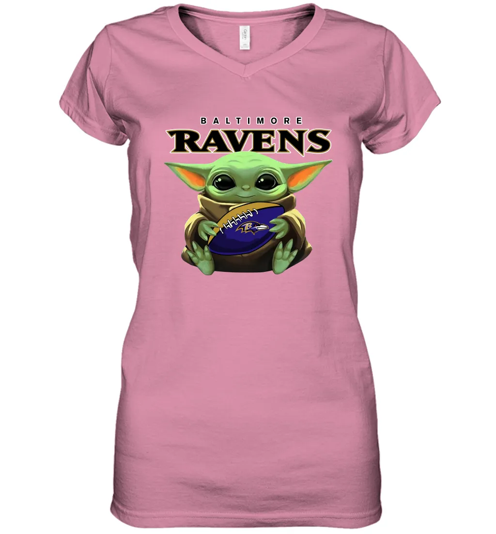 Baby Yoda Loves The Baltimore Ravens Star Wars Baby Yoda Hugs Ravens NFL Womens V-Neck T-Shirt