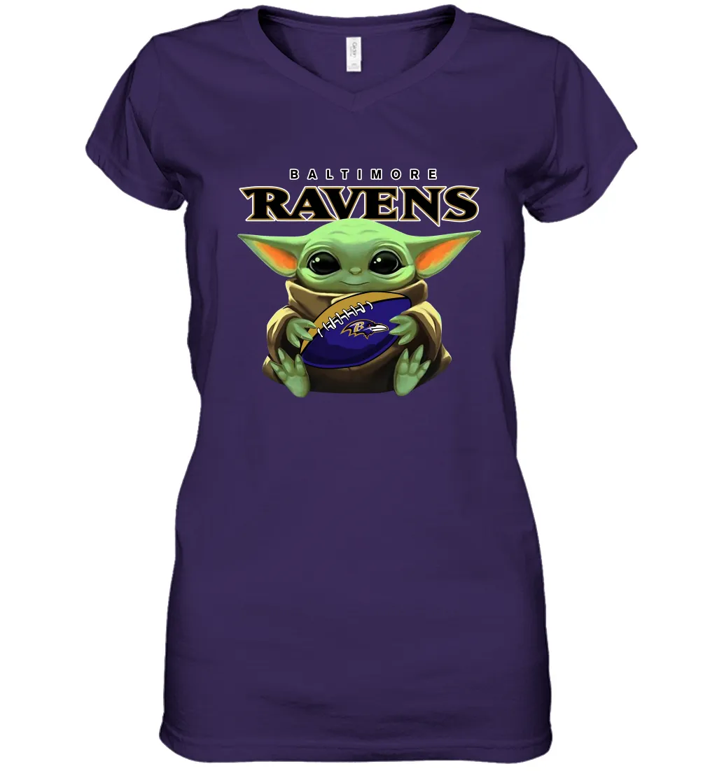 Baby Yoda Loves The Baltimore Ravens Star Wars Baby Yoda Hugs Ravens NFL Womens V-Neck T-Shirt