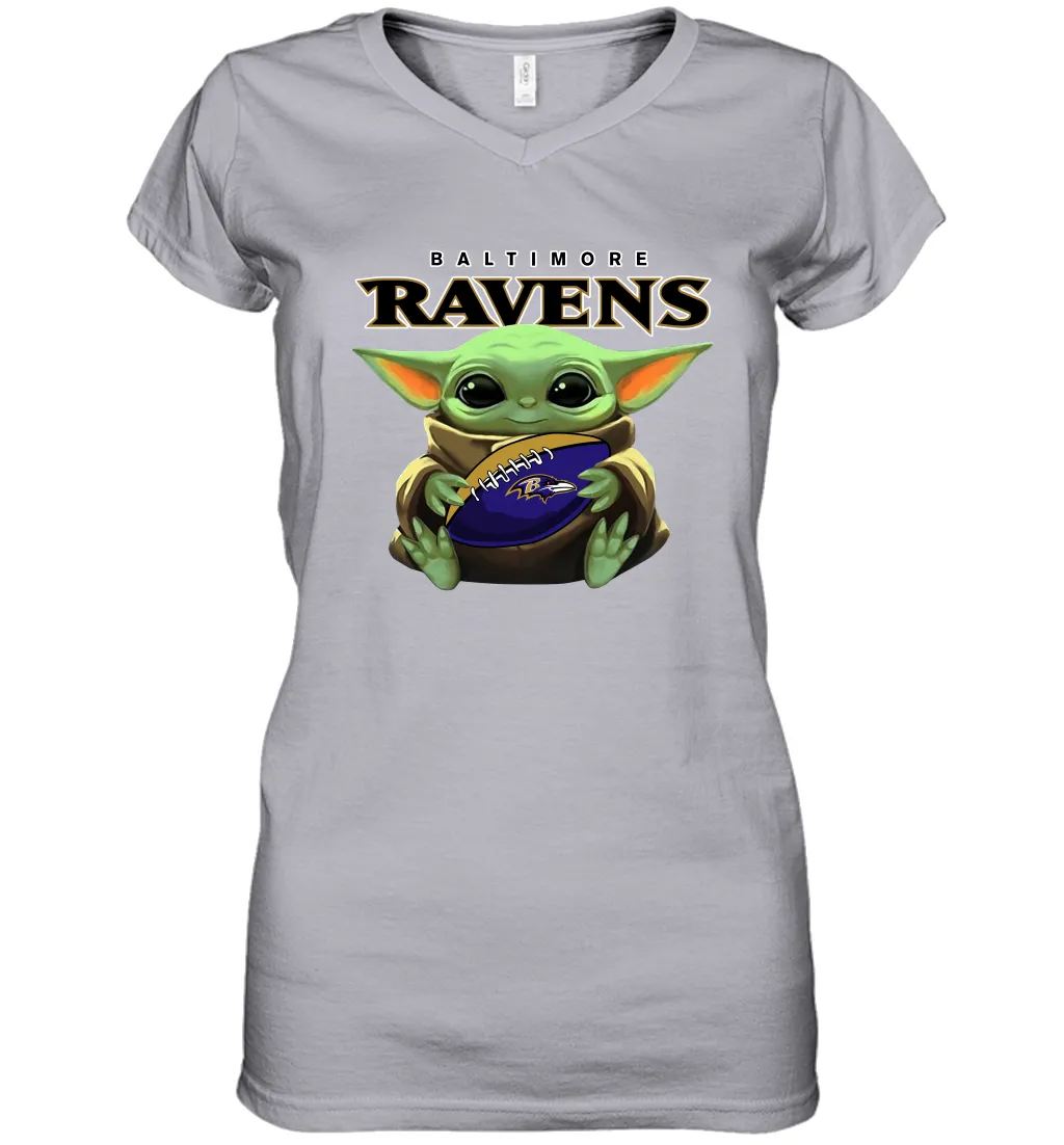 Baby Yoda Loves The Baltimore Ravens Star Wars Baby Yoda Hugs Ravens NFL Womens V-Neck T-Shirt