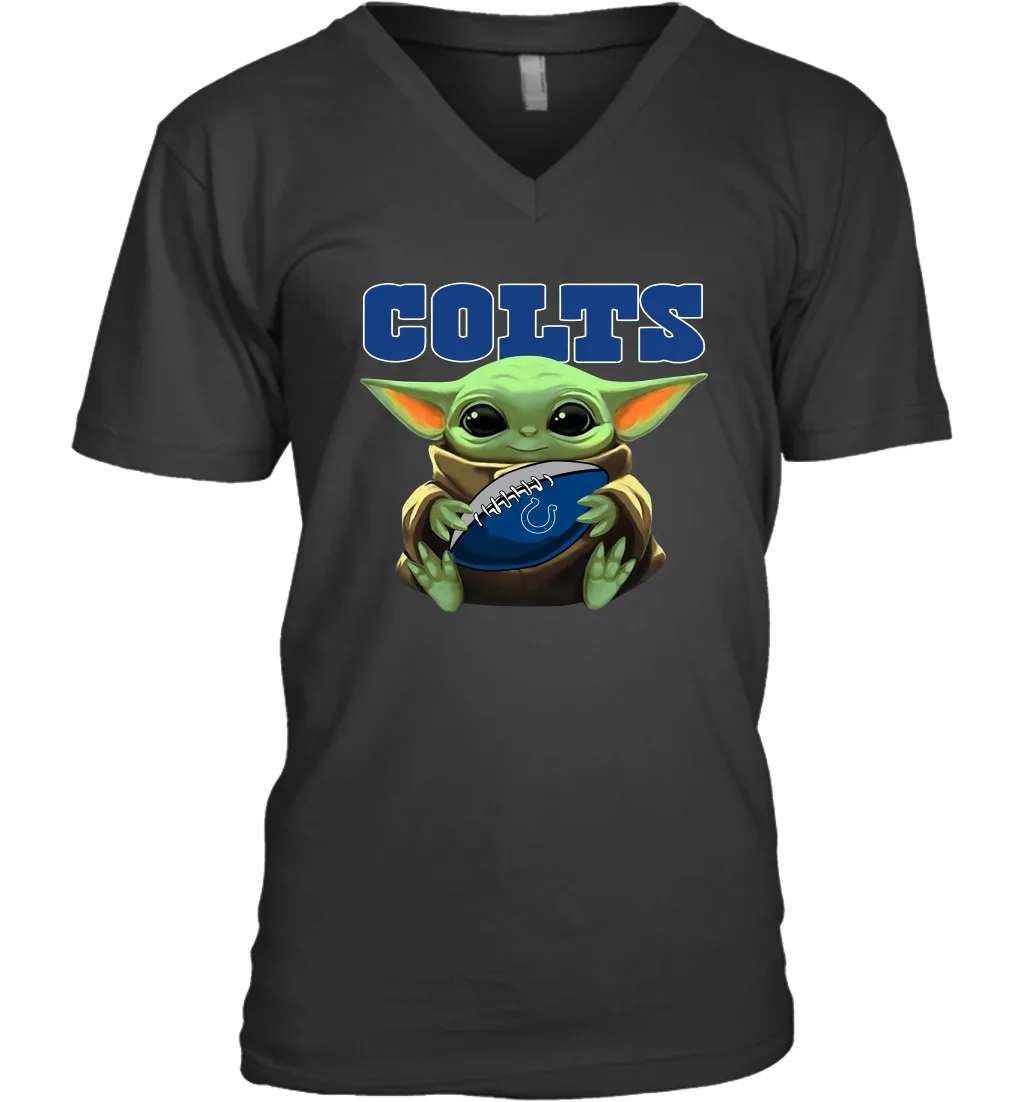 Baby Yoda Loves The Indianapolis Colts Star Wars Baby Yoda Hugs Colts NFL Mens V-Neck T-Shirt