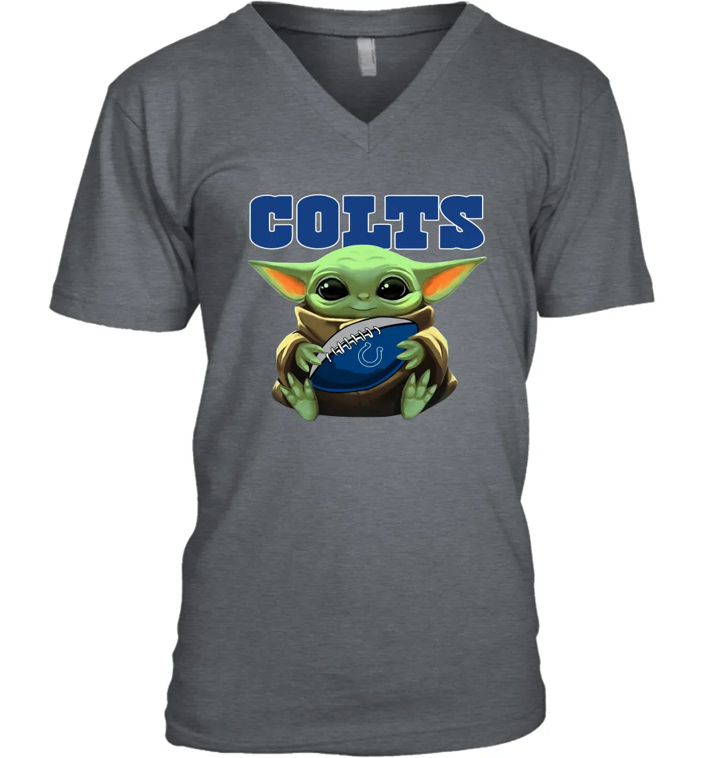 Baby Yoda Loves The Indianapolis Colts Star Wars Baby Yoda Hugs Colts NFL Mens V-Neck T-Shirt