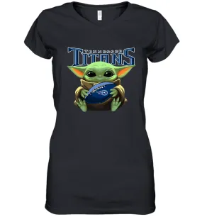 Baby Yoda Loves The Tennessee Titans Star Wars Baby Yoda Hugs Titans NFL Womens V-Neck T-Shirt