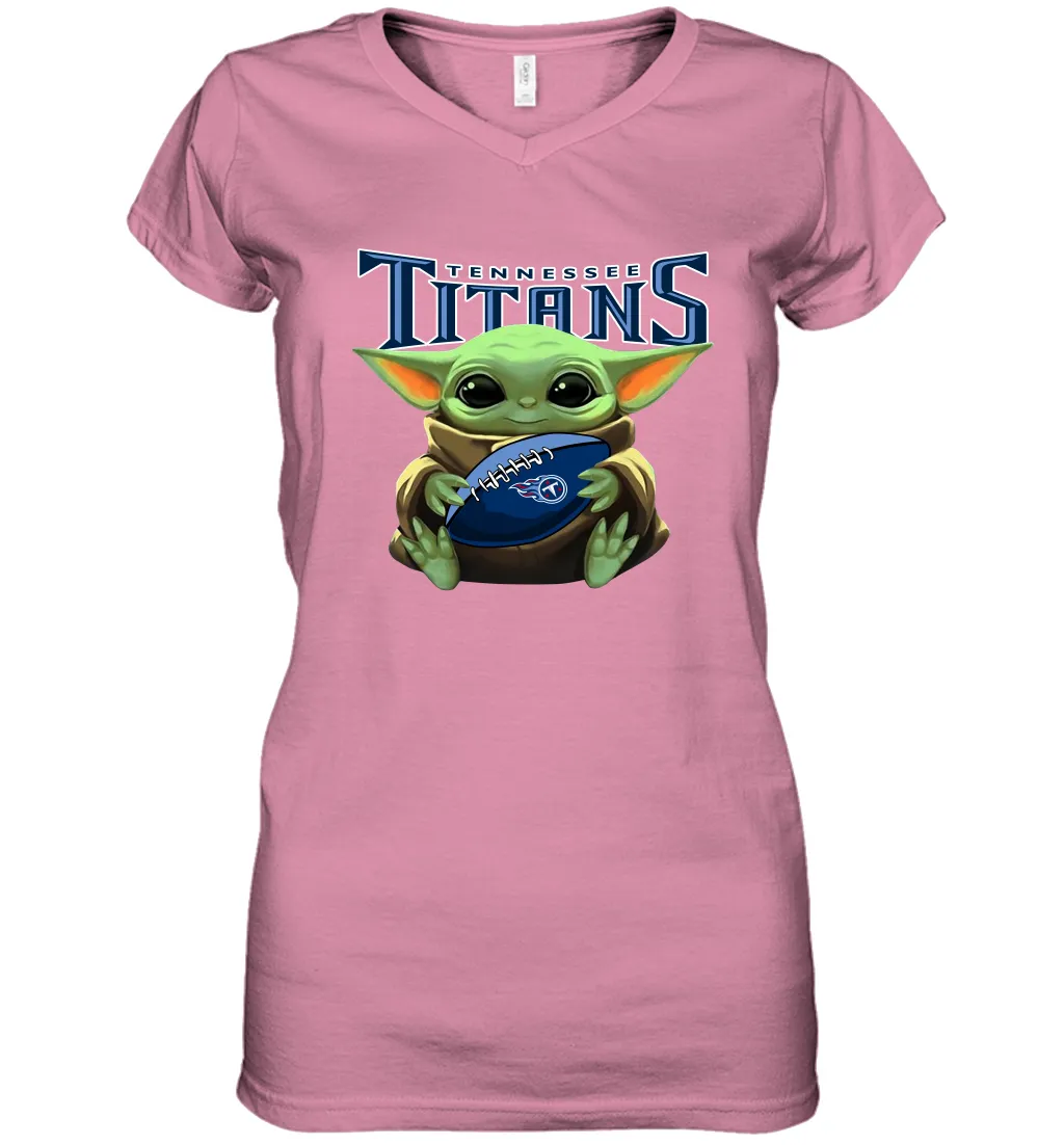 Baby Yoda Loves The Tennessee Titans Star Wars Baby Yoda Hugs Titans NFL Womens V-Neck T-Shirt