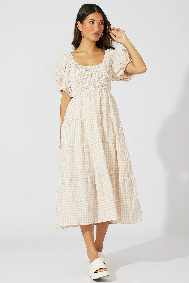 Beige Check Midi Dress Short Sleeve Shirred