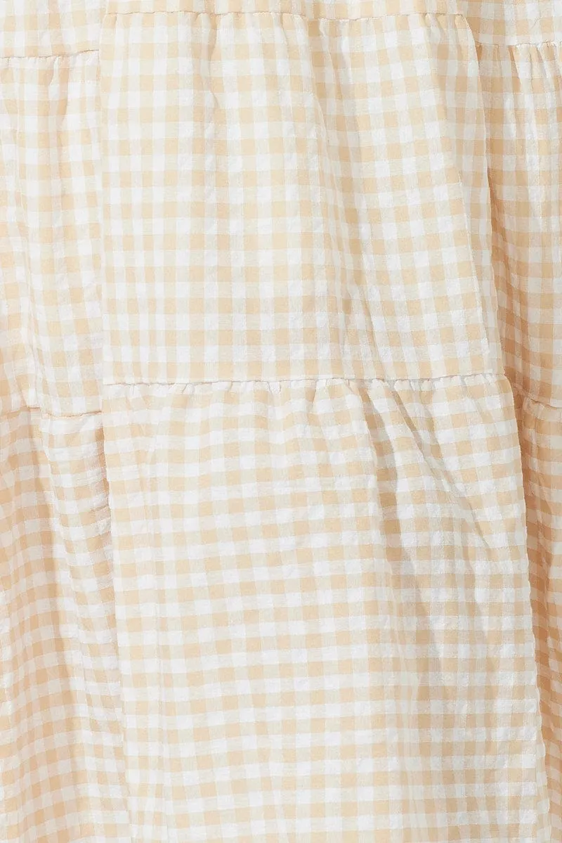 Beige Check Midi Dress Short Sleeve Shirred