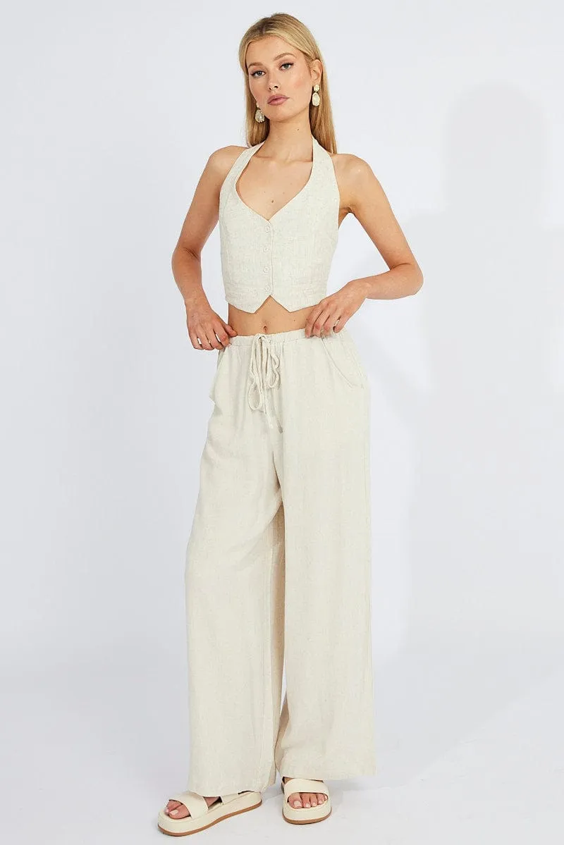 Beige Halter Neck Vest V Neckline Linen