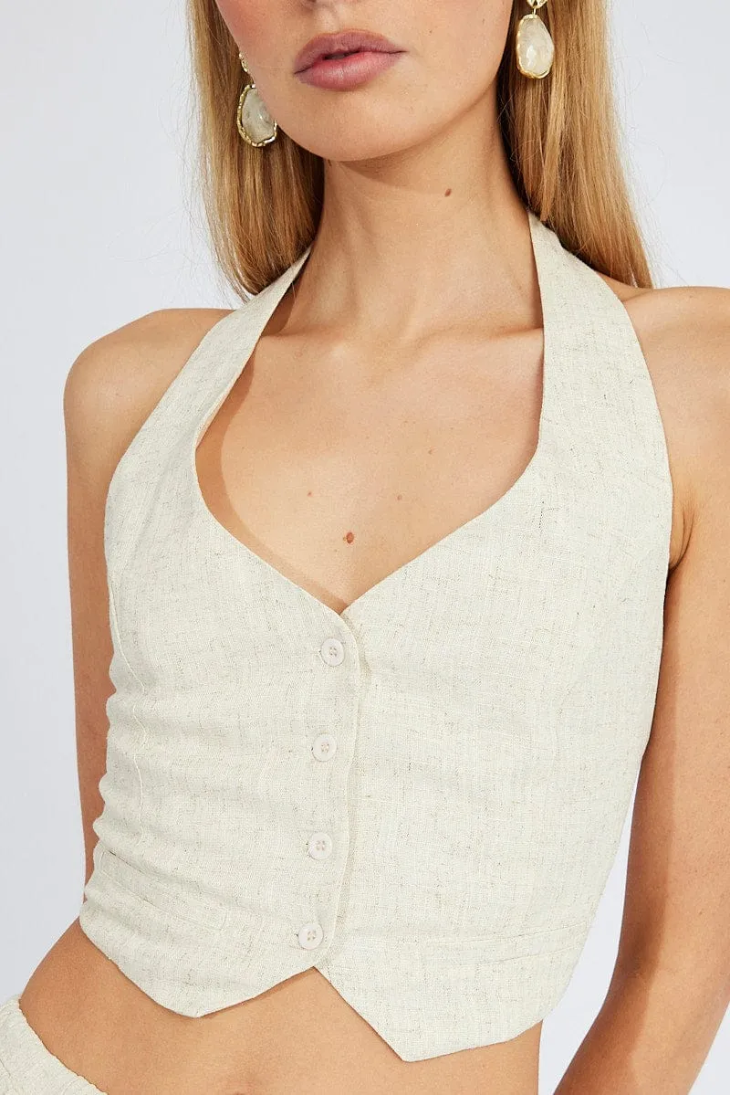 Beige Halter Neck Vest V Neckline Linen