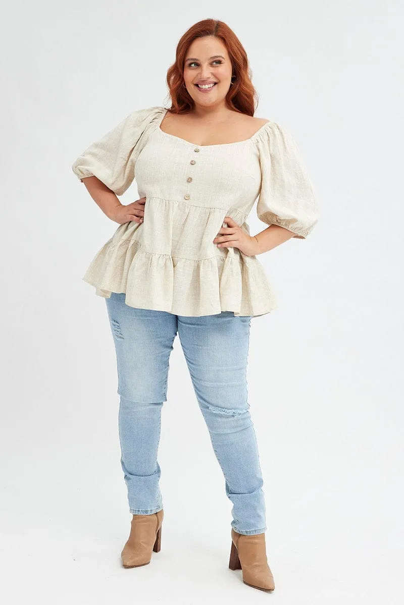 Beige Smock Top Short Sleeve Tiered