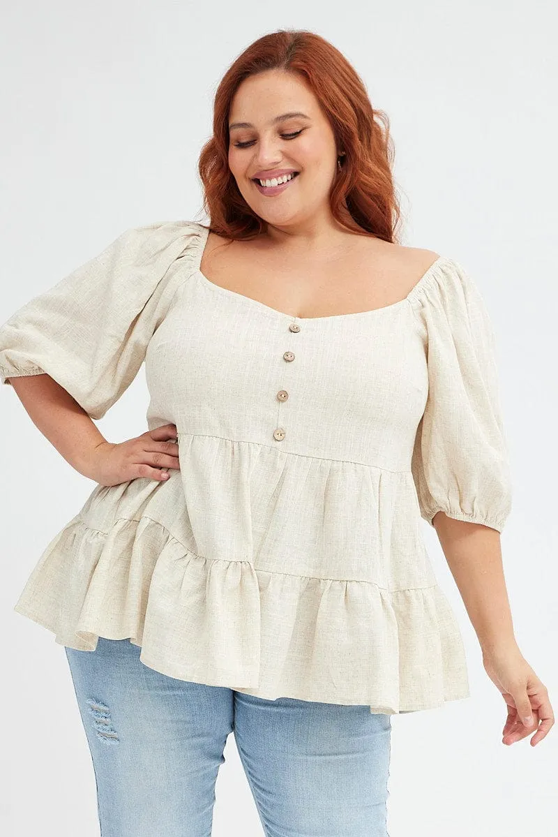 Beige Smock Top Short Sleeve Tiered