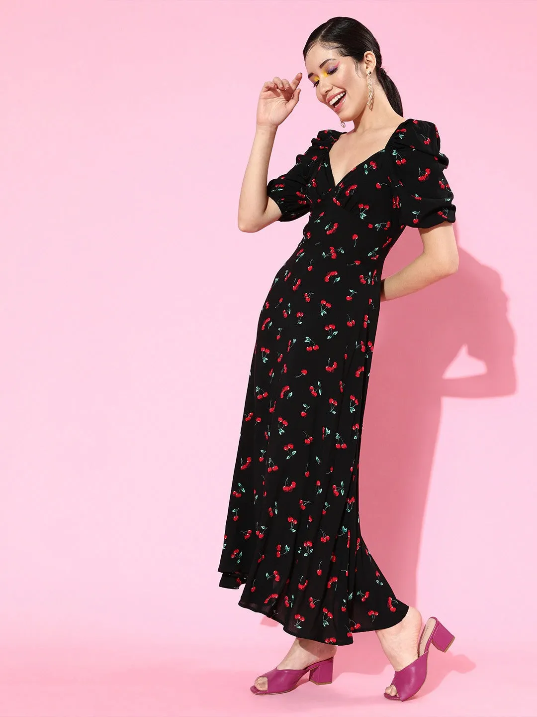 Berrylush Women Black Cherry Printed Sweetheart Neck Crepe Flared A-Line Maxi Dress