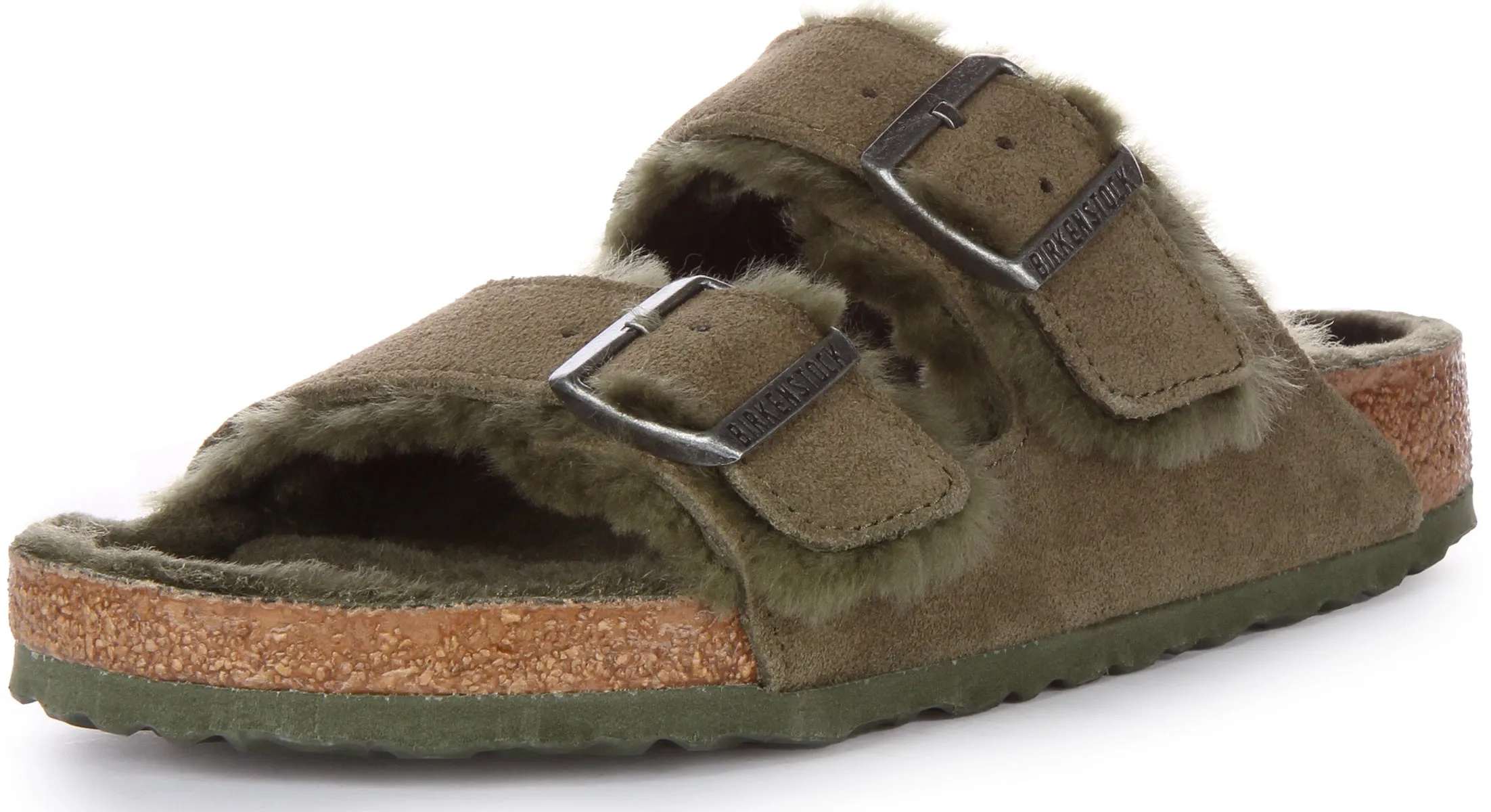 Birkenstock Arizona Shearling In Olive Green | Regular Fit