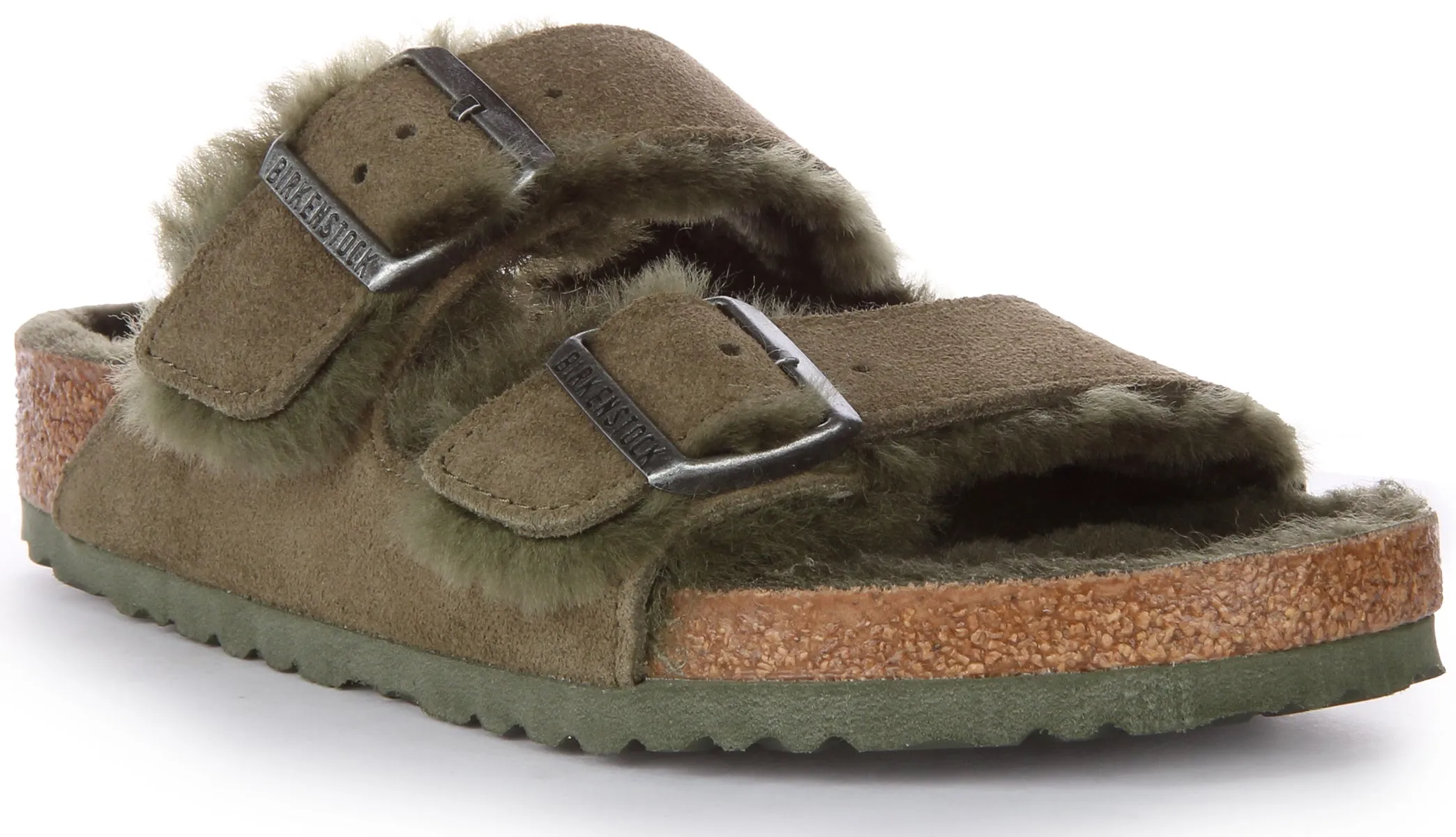 Birkenstock Arizona Shearling In Olive Green | Regular Fit