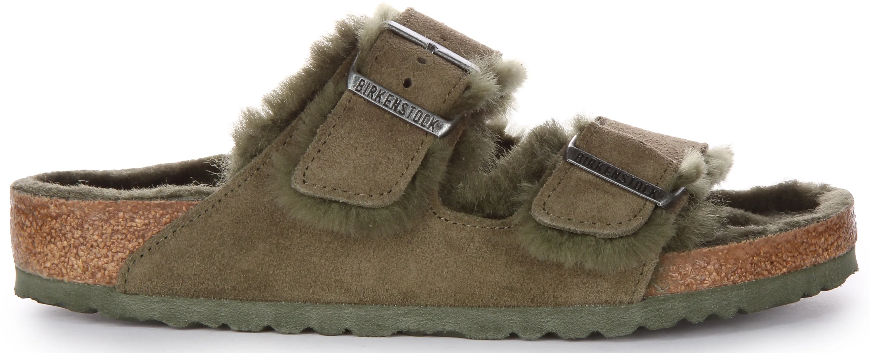 Birkenstock Arizona Shearling In Olive Green | Regular Fit