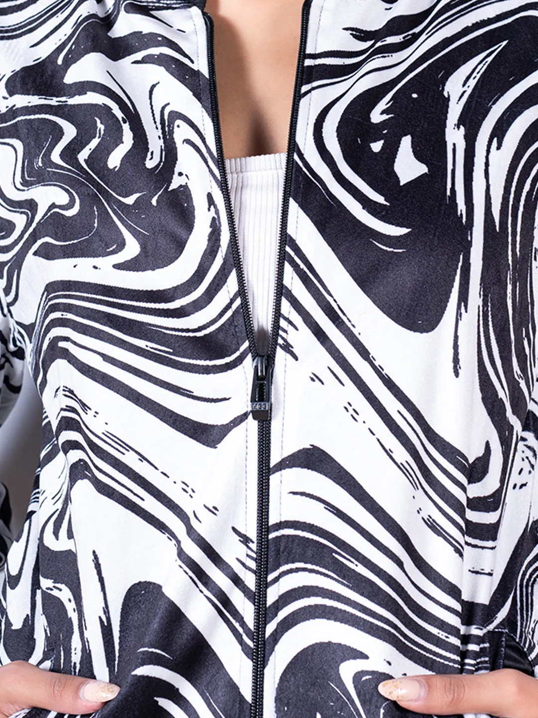 Black & White Marble Printed Velvet Jacket