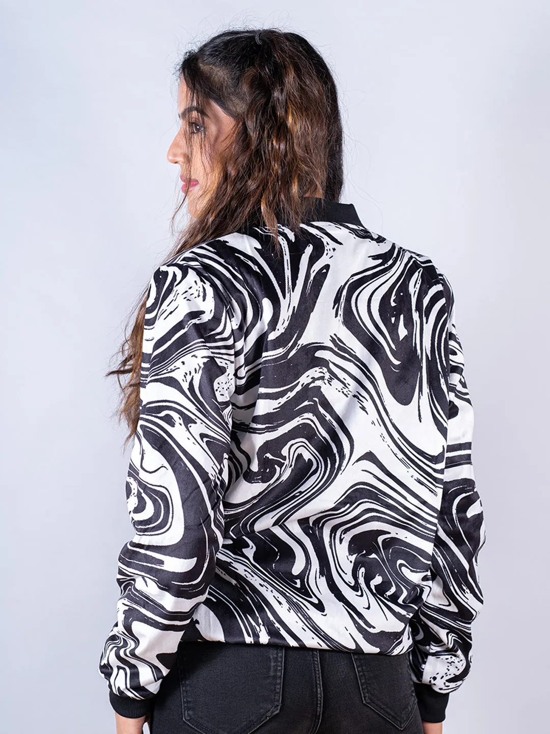 Black & White Marble Printed Velvet Jacket