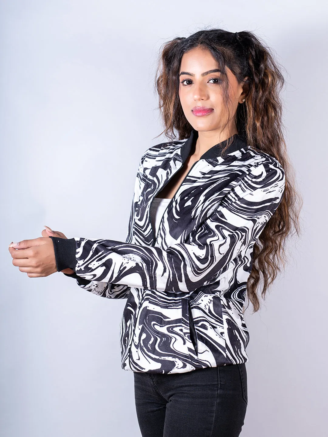 Black & White Marble Printed Velvet Jacket