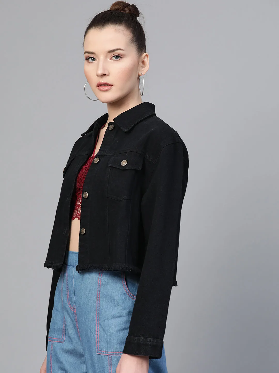 Black Denim Raw Edge Jacket